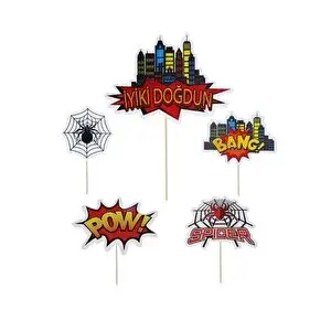 Parti Adresi Spiderman Temalı Kürdan Figürlü Cupcake Kürdanı Pasta Süsü 5'li