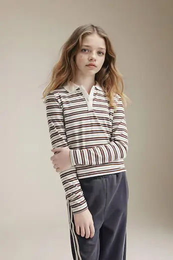 Slım Fıt Fitilli Çizgili Kaşkorse Polo Tişört Kız Çocuk