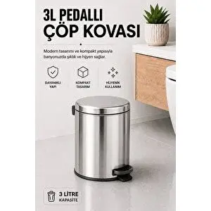 SAS Pedallı Çöp Kovası 3 Litre İç Kovalı Kapaklı Banyo Çöp Kutusu Krom - Elit 7003