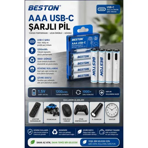 Azurtech Aaa Usb-C Şarjlı Pil 4’lü 1200MWH Şarj Edilebilir Pil Seti
