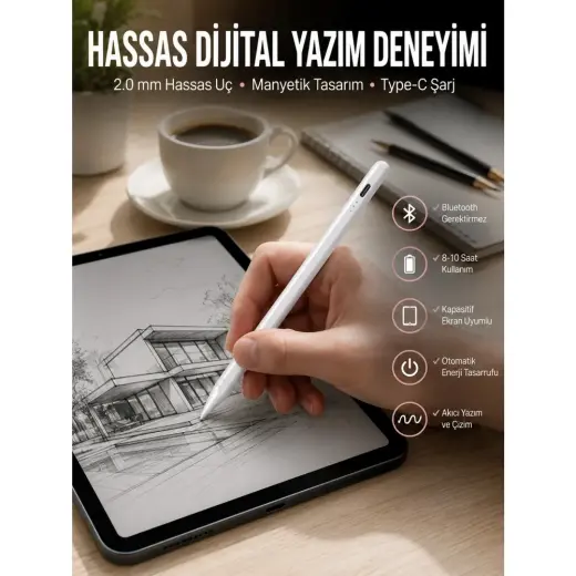 Marsilyan Dokunmatik Kalem Beyaz Şarjlı Yedek Uçlu Android ve Ios Uyumlu