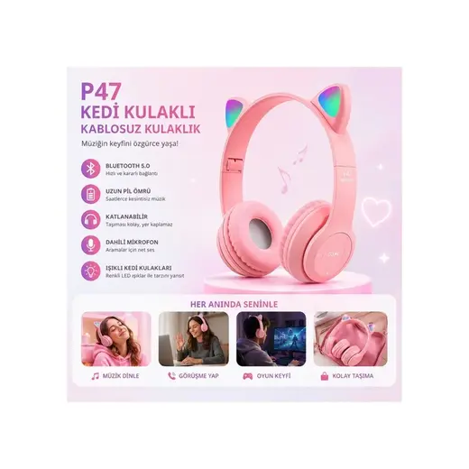 P47m Kedi Kulaklı Bluetooth Kulaklık Rgb Led Işıklı Kablosuz Kulaküstü Şarjlı Kulaklık Hafıza Kartı Ve Aux Girişli Mikrofonlu Kulaklık