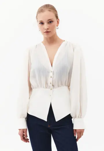 V Yaka Büzgülü Bluz ( TENCEL™ )