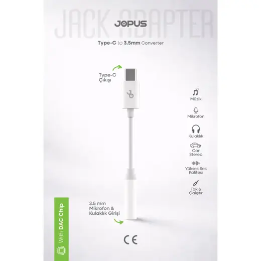 Jopus Aux Type-C To 3.5mm Jack Uyumlu Kulaklık Dönüştürücü - Iphone, Ipad ve Type-C Cihazlar ile Uyumlu