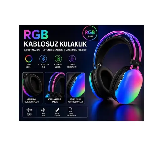 Pg580 Rgb Led Işıklı Bluetooth Kulaküstü Kulaklık Şarjlı Dahili Mikrofonlu Kablosuz Kulaklık Hafıza Kartı Ve 3.5mm Jack Girişli Mp3 Çalar