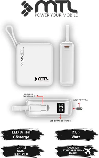 MTL 10000 mAh 22.5W Süper Hızlı Dahili Type-C Kablolu Dijital Göstergeli Hızlı Şarj Powerbank MT4540 Beyaz ile uyumlu