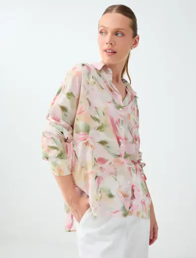 Floral Desenli Uzun Kol Viskon Gömlek