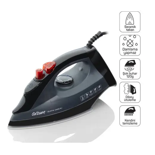 AR684 Olivya Buharlı Ütü 2400W, Seramik Taban, Dikey Buhar, Şok Buhar, Damlama Önleme, Siyah