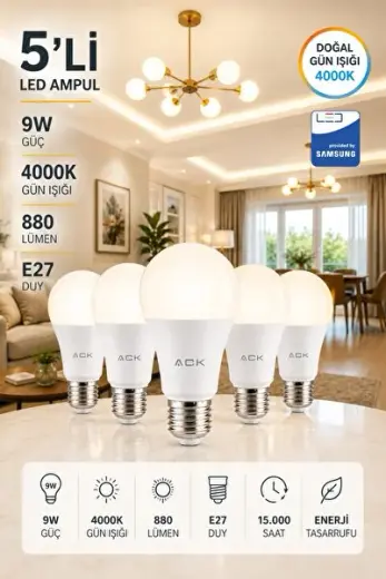 ACK 9W LED Ampul 4000 Kelvin Gün Işığı E27 880 Lümen Tasarruflu