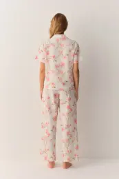 Ekru Desenli Ellen Pamuklu Gömlek Yaka Pijama Takımı 5