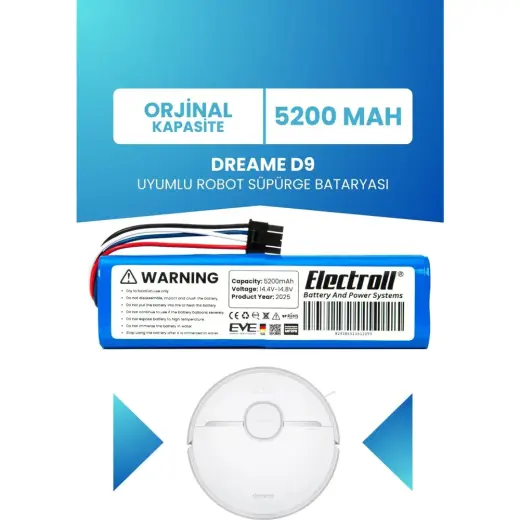 Electroll Dreame D9 Uyumlu Batarya (ORJİNAL KAPASİTE) 5200 mah Pil Robot Süpürge Bataryası Değişimi RLS5-WH0