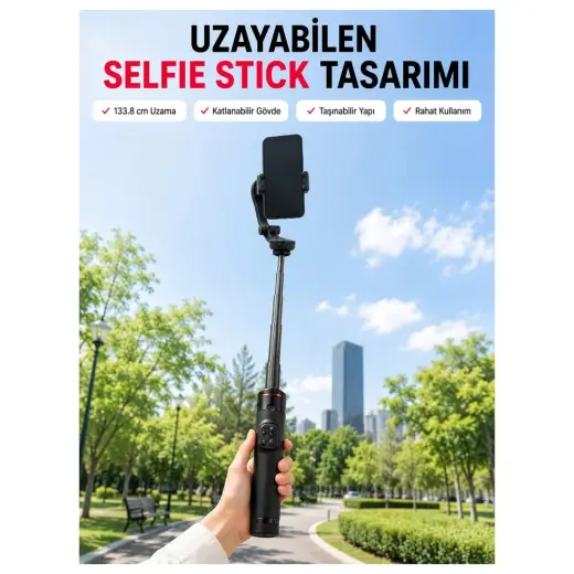 Renas Store Aı Takipli Gimbal Selfie Stick 360° Otomatik Yüz Takibi Bluetooth Kumandalı Uzayabilir Tripodlu Telefon Sabitleyici