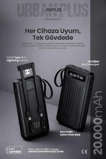 Jopus 20000 mAh PowerBank Dahili Kablolu, LCD Ekranlı, LED Lambalı, Taşınabilir Şarj Cihazı - Siyah, 17522