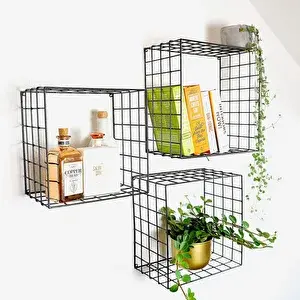 DECORELAX 3'lü Set Siyah Tel Hasır Duvar Rafı 35/31/27