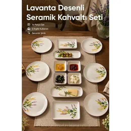 Vienev 14 Parça 6 Kişilik Lavanta Desen Seramik Kahvaltı Takım Seti