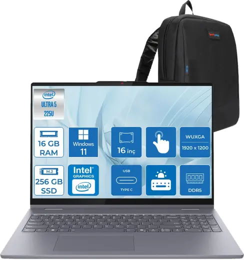 Lenovo Ideapad 5 2-In-1 16AIL10 Intel Core Ultra 5 225U Aı 16 GB 256 GB SSD 16" Wuxga IPS 300NITS WIN11HOME Dokunmatik +Lenovo® Digital Pen2 Bilgisayarr 83KS0005TRH01+ZETTAÇANTA