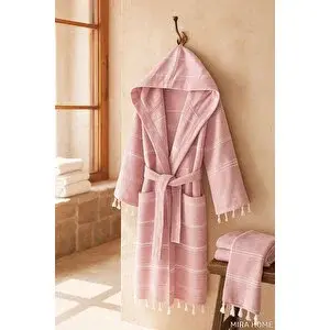 Mira Home Kapüşonlu Kadın / Erkek Peştemal Bornoz Soft %100 Pamuklu Natural Pembe