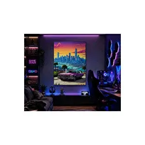 Mgi Design Retro Klasik Araba Ve Şehir Manzarası Kanvas Tablo – Vaporwave Gün Batımı Modern Duvar Dekoru | Gamer Odası, Genç Odası Ve Ofis Tablosu | Modern Duvar Dekoru | Salon, Yatak Odası Ve Ofis İçin | Mgi De 100x140 cm