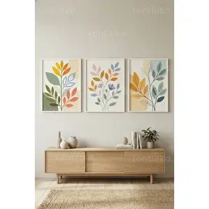 Tontilika Modern Soyut Botanik Yapraklar 3’lü Ahşap Çerçeveli Tablo Seti 21x30 cm