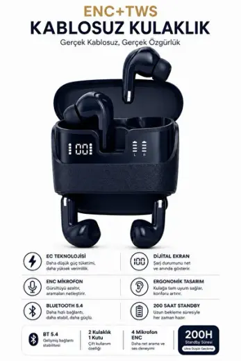 FB29 Kablosuz Bluetooth Kulaklık, ENC Destekli TWS Earbuds, Çift Dijital Göstergeli Şarj Kutusu, Type-C Şarjlı Deri Dokulu Kablosuz Kulaklık