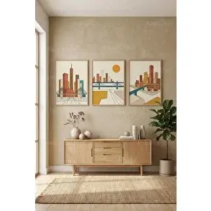 Tontilika Soyut Şehir Manzaraları Modern 3’lü Ahşap Çerçeveli Tablo Seti 30x42 cm