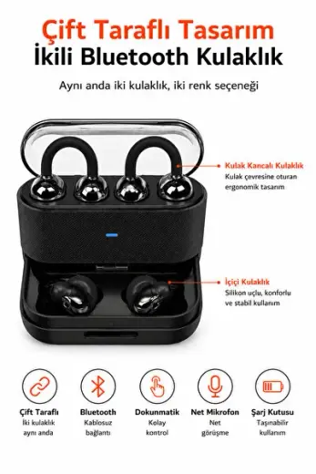 Çift Taraflı 2’si 1 Arada Bluetooth Kulaklık Kulak Kancalı ve Kulak İçi Kablosuz Şarj Kutulu