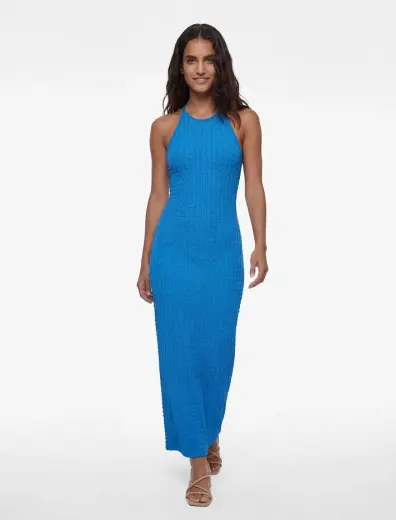 Bürümcük Kumaş Slim Fit Uzun Kobalt Mavi Halter Yaka Kalem Elbise