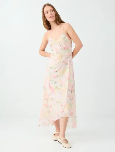 Floral Desenli V Yaka Askılı Midi Elbise