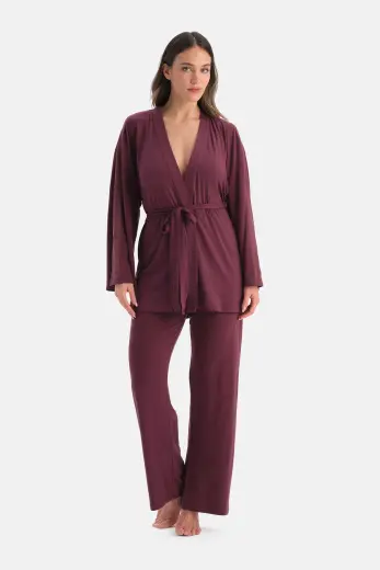 Bordo Yanı Tül Detaylı Basic Sabahlık