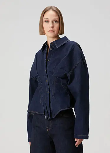 Lacivert Pile Detaylı Denim Gömlek
