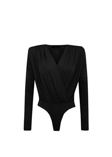 Siyah Büzgülü V Yaka Uzun Kollu Kadın Body