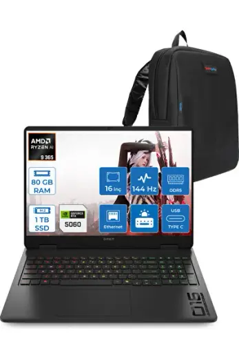 Omen 16-AP0020NT AI R9 365 80GB Ddr5 1tb RTX5060 8gb 16 Inç 144Hz FDOS C12CPEAF38 + Zetta Çanta