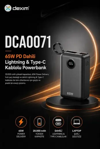 Dexim 20.000 mAh 65W Lightning+Type-C Kablolu Hızlı Şarj Taşınabilir Güç Kaynağı Şarj Cihazı DCA0071