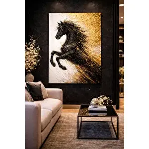 Mgi Design Siyah At Altın Detaylı Kanvas Tablo – Lüks Ofis Salon & Modern Duvar Dekoru (şık Tasarım) | Modern Duvar Dekoru | Salon, Yatak Odası Ve Ofis İçin | Sanatsal Ev Dekorasyonu 20x30 cm
