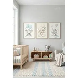 Tontilika Sevimli Balonlu Filler Bebek Odası 3’lü Ahşap Çerçeveli Tablo Seti 30x42 cm