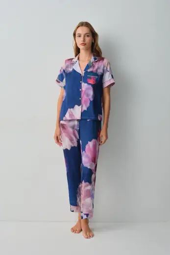 Petrol Yeşili Floral Gömlek Yaka Pijama Takımı