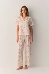 Ekru Desenli Ellen Pamuklu Gömlek Yaka Pijama Takımı 2