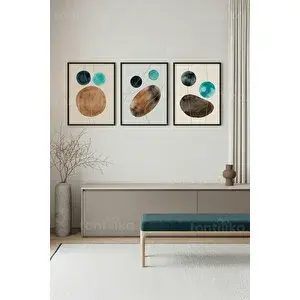 Tontilika Sakin Tonlarda Çağdaş Soyut Geometrik 3’lü Ahşap Çerçeveli Tablo Seti 21x30 cm