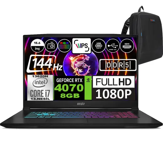 Msı Katana 15 Intel Core I7 13620H 64 GB 1 tb SSD RTX4070 (105W)8 GB Freedos 15.6" Fhd IPS 144Hz Taşınabilir Bilgisayar B13VGK2023XTRWF10 + Zetta Çanta