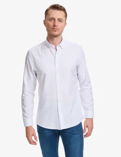 Beyaz Oxford Slim Fit Kolay Ütülenebilir Gömlek