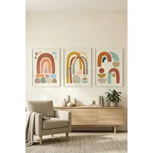 Tontilika Modern Soyut Pastel Yaylar 3’lü Ahşap Çerçeveli Tablo Seti 50 x 70 cm