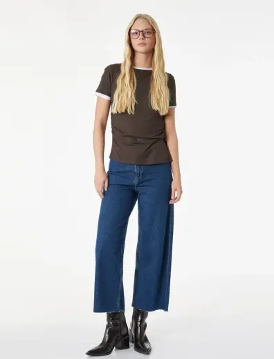 Düğmeli Yüksek Bel Rahat Kesim Denim Pantolon - Culotte Jeans