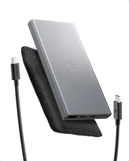 Spigen 10000 mAh Slim Alüminyum Kasa 22.5W USB-C + USB-A Hızlı Şarj 3 Portlu Powerbank / 1 Metre Type-C Harici Kablolu Taşınabilir Şarj Cihazı + Çanta EA2210 Gri - ABA09432 (Spigen TR Garantili)