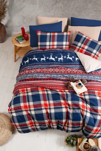 Mystory Home Yılbaşı Cerf Çift Kişilik Nevresim Takımı Lastikli Çarşaf Kırmızı – Lacivert