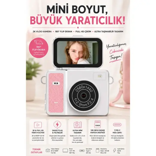 Robeve Mini Dijital Fotoğraf Makinesi 2k Full Hd – 180° Dönebilen Ekranlı Vlog Kamerası | Taşınabilir Selfie & Video Çekim Fotoğraf Makinesi Vlog Fotoğraf Makinesi Dijital Kamera