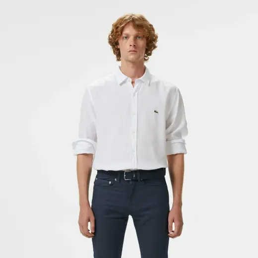 Erkek Slim Fit Keten Beyaz Gömlek