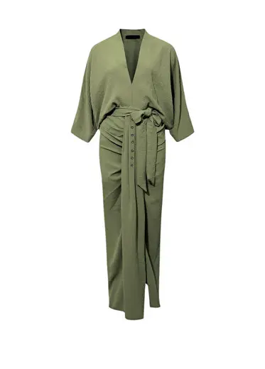 Haki Eteği Süs Düğmeli ve Büzgülü Yırtmaçlı Kadın Uzun Abiye Elbise