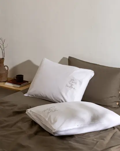 Amour %100 Pamuk Nakışlı 2'li Yastık Kılıfı - Beyaz/Gri