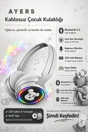 Koyu Kablosuz Çocuk Kulaklığı LED Işıklı, Bluetooth 5.2, Mikrofonlu, Oyun Modu, 15 Saat Pil