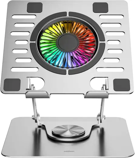Addison AD-RC35 Fanlı RGB Işıklı 360 Derece Dönebilen Ayarlanabilir Çelik/Alüminyum + Kaymaz Silikon Ped Metal Laptop Stand (RC35 GÜMÜŞ)